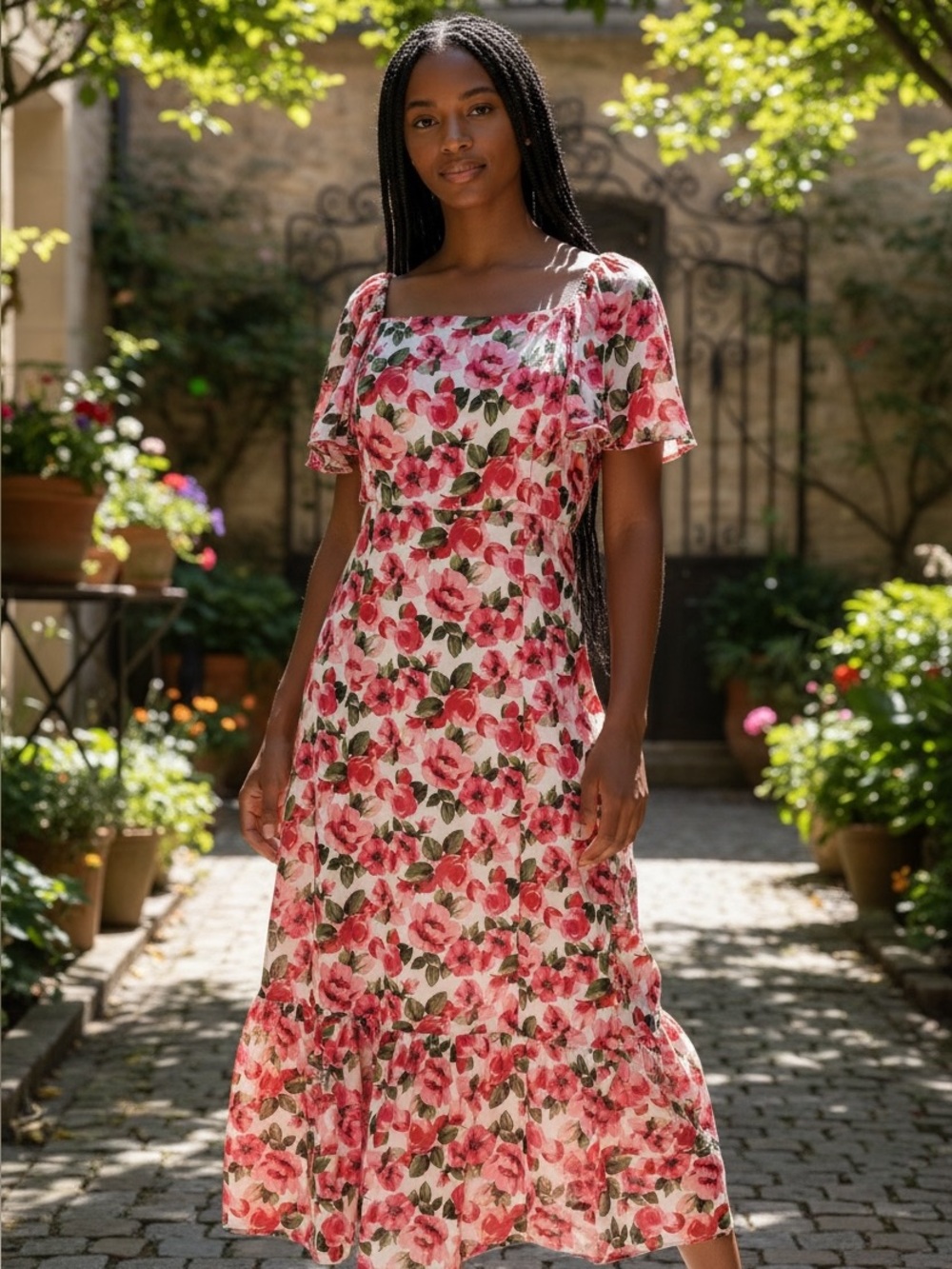 julia jordan White Midi Dress with Pink Floral Pattern and Green Leaves size 2